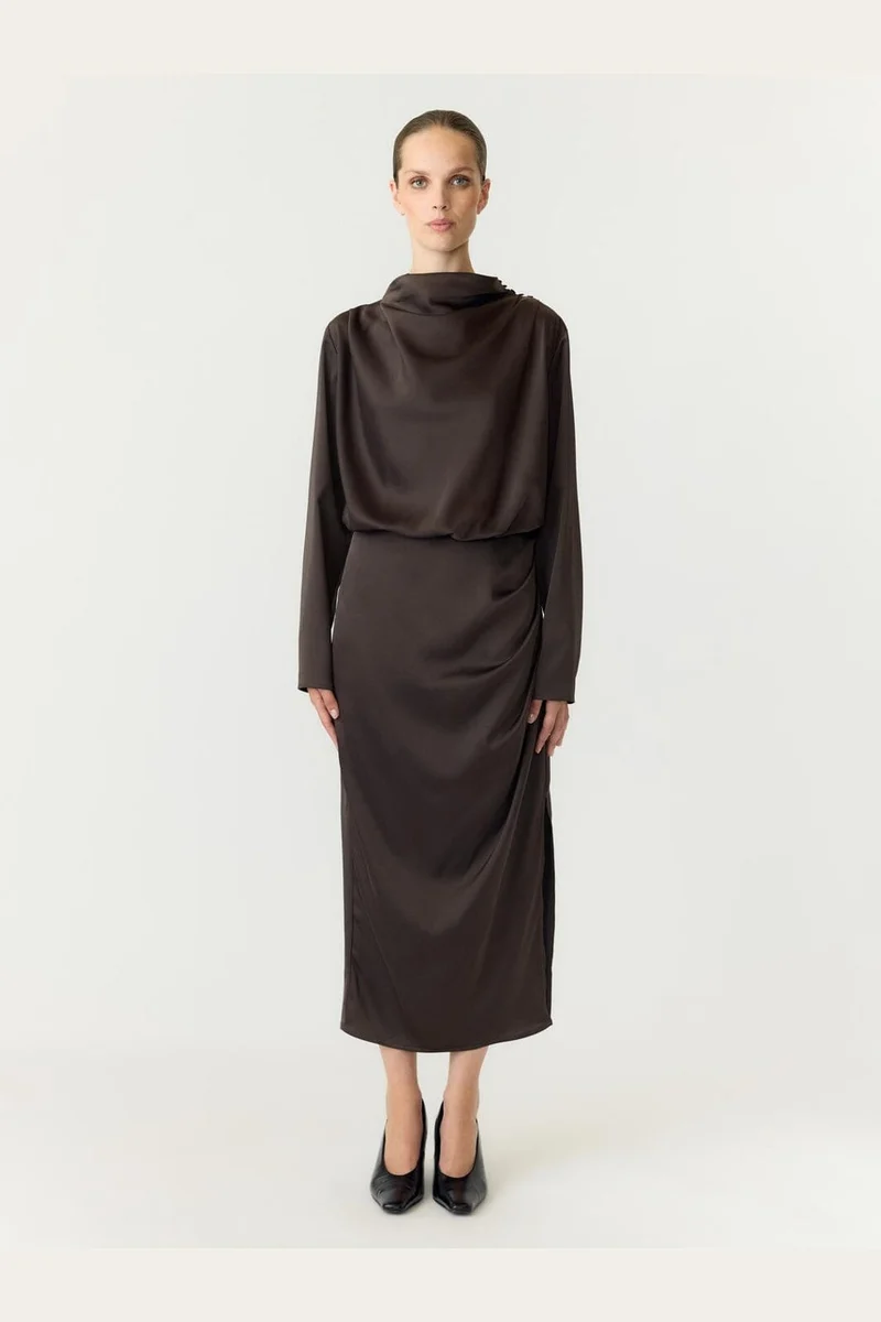 Yas - Yaspella Ls Funnel Neck Long Dress - 5238000 Chocolate Brown