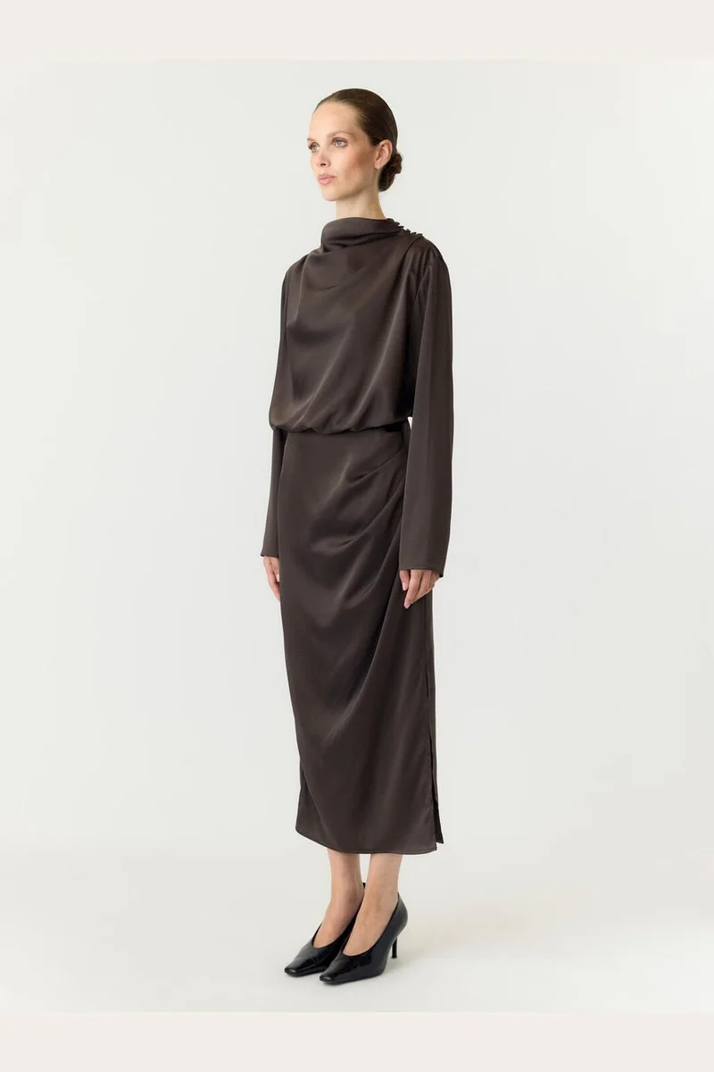 Yas - Yaspella Ls Funnel Neck Long Dress - 5238000 Chocolate Brown