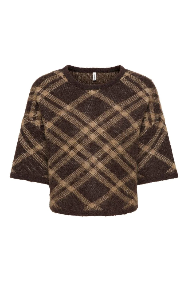 Only - Onlnoeme Ss Pattern O-Neck Knt - 5107920 Chocolate Martini Check/Coca Creme/Mel