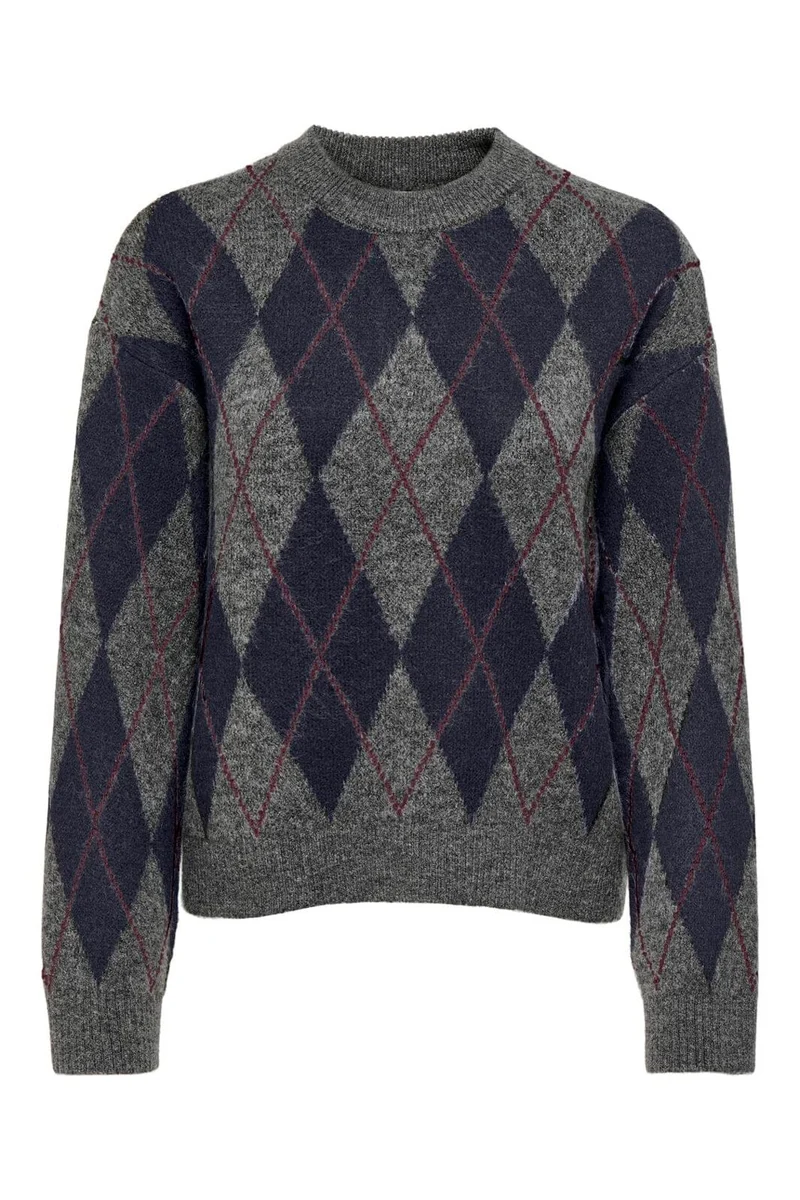 JDY - Jdybianka L/S Argyle Pullover Knt - 5147301 Medium Grey Melange Argyle Night Sky/ Winetasting