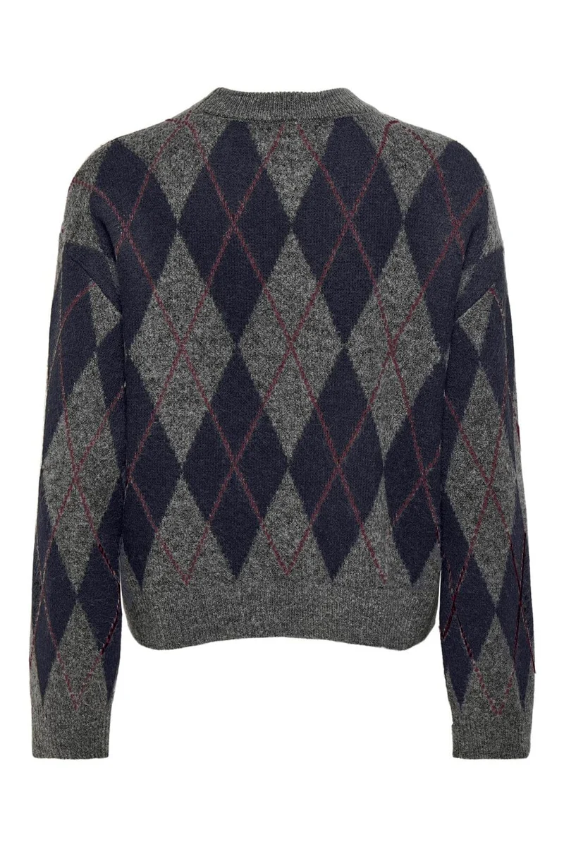 JDY - Jdybianka L/S Argyle Pullover Knt - 5147301 Medium Grey Melange Argyle Night Sky/ Winetasting