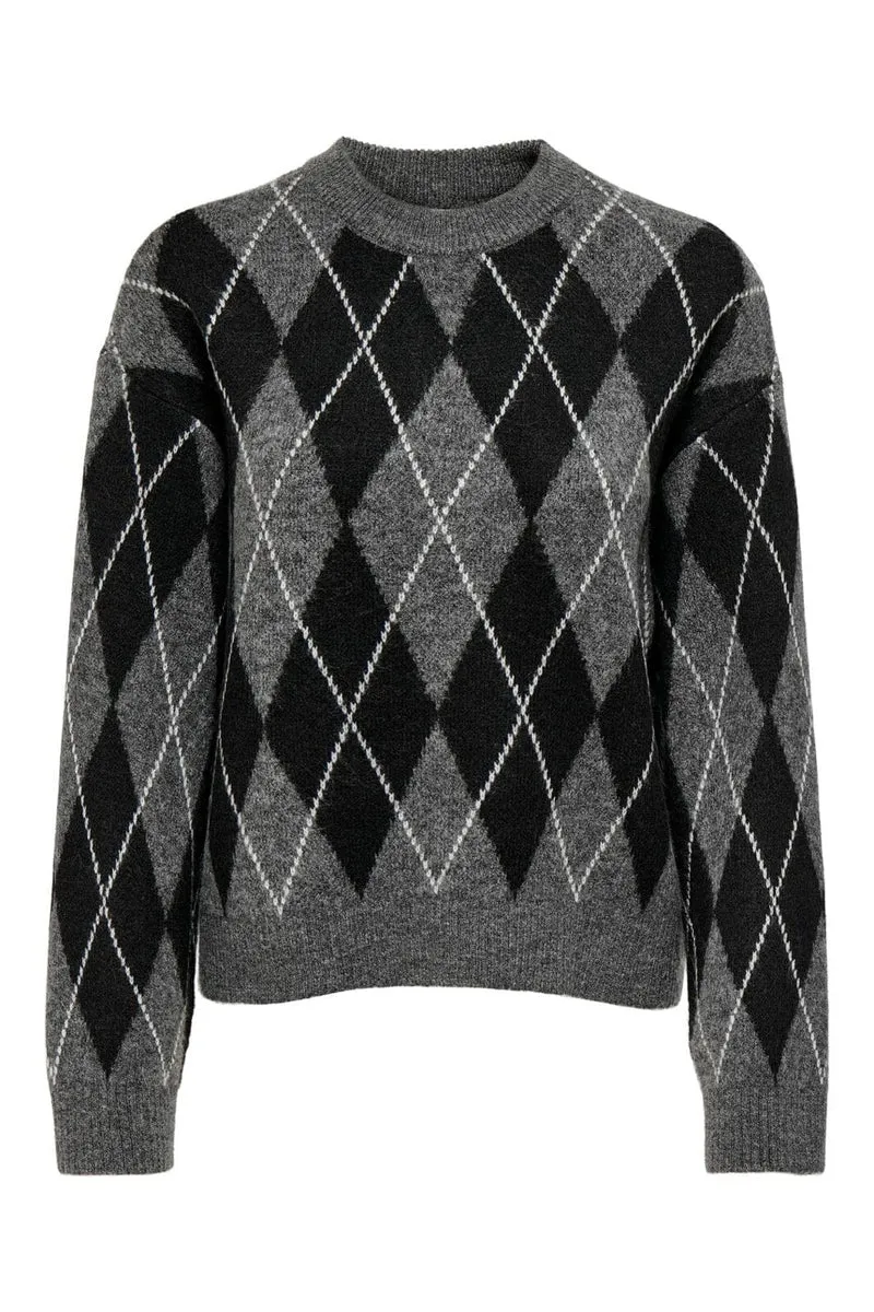 JDY - Jdybianka L/S Argyle Pullover Knt - 5093933 Dark Grey Melange Argyle