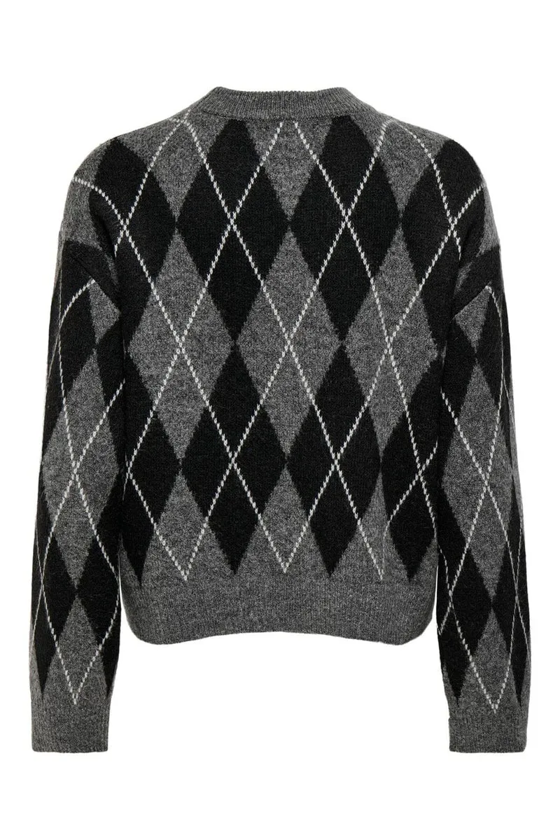 JDY - Jdybianka L/S Argyle Pullover Knt - 5093933 Dark Grey Melange Argyle