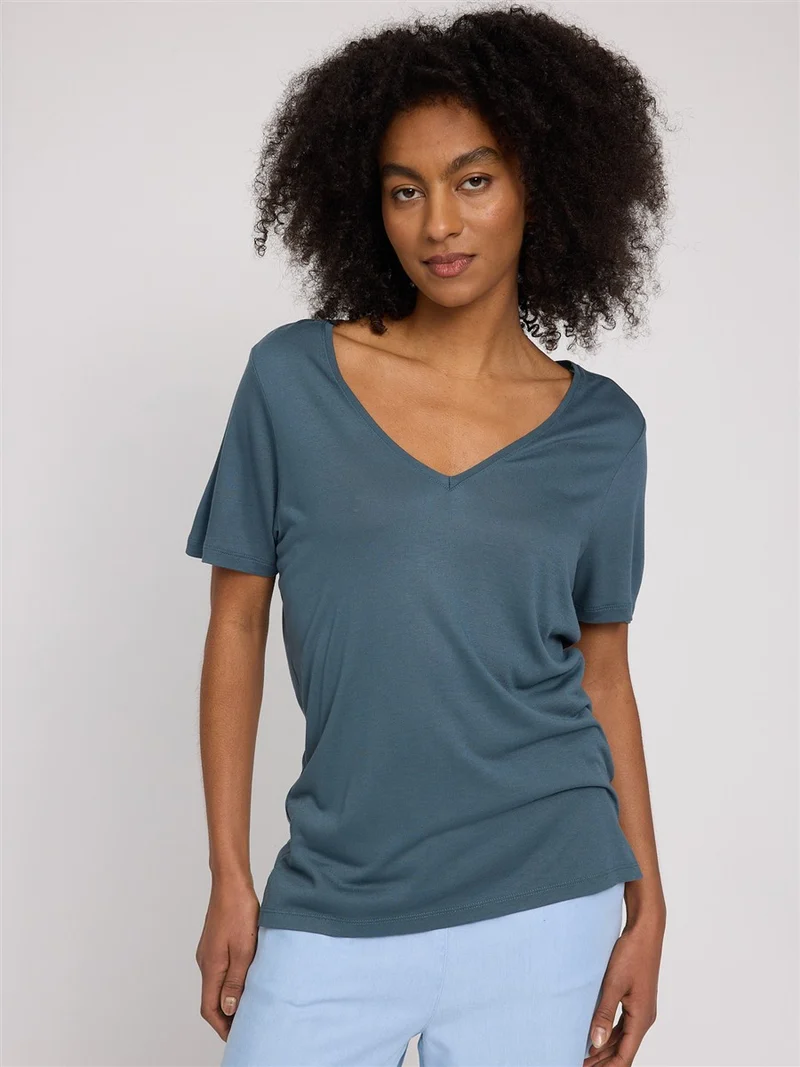 MAZINE Ecovero Viscose V-Neck T-Shirt steel blue