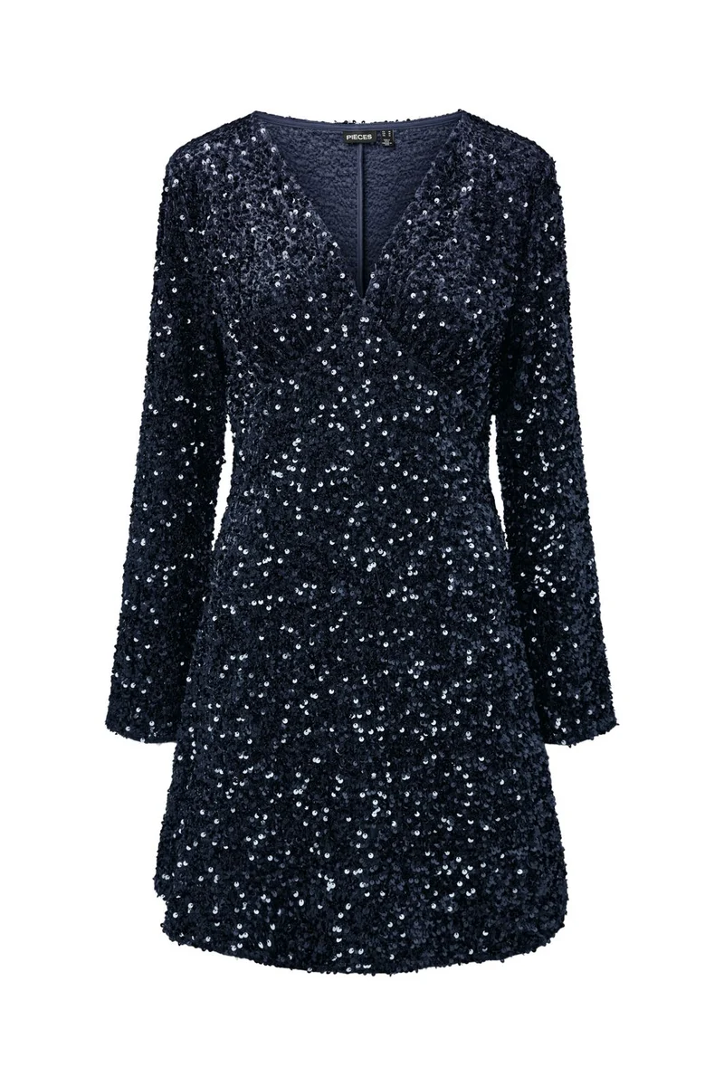 Pieces - Pckammy Ls V-Neck New Dress - 5165630 Maritime Blue Blue Sequins
