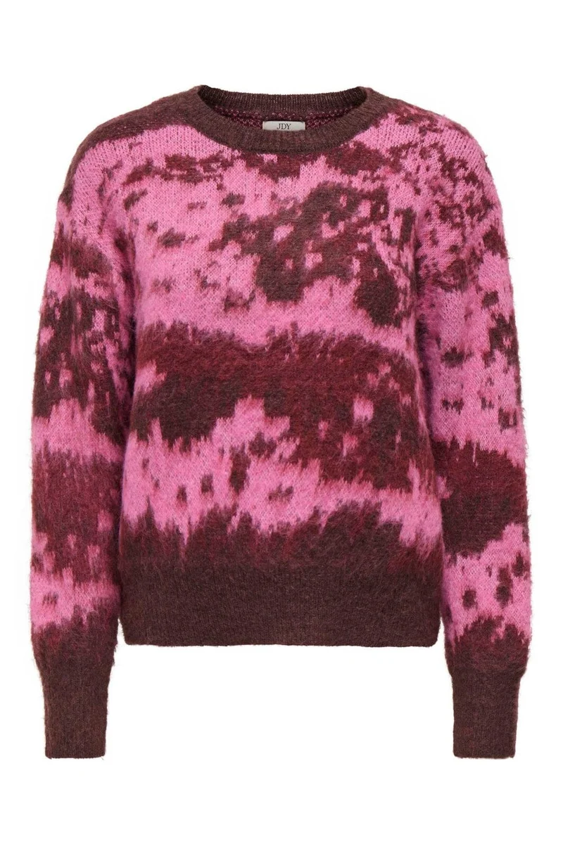 JDY - Jdyleslie L/S O-Neck Jacq. Pullover Knt - 5112200 Decadent Chocolate W. Shocking Pink/ Ruby Wine Jacq.