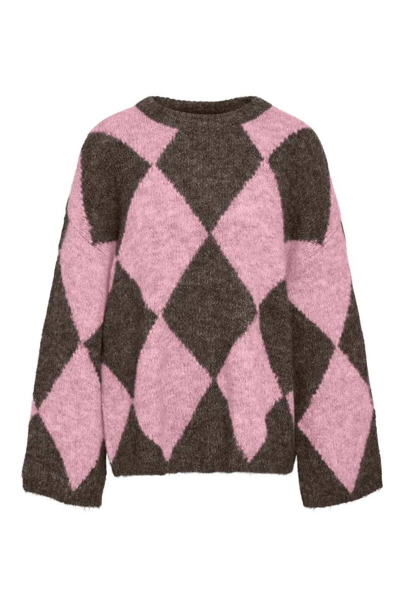 Noisy May - Nmsutton L/S Argyle Oversize Knit - 5126521 Chocolate Brown Romance Rose