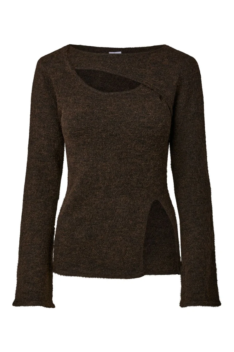 Pieces - Pcvallie Ls Slit Knit - 5183648 Hot Fudge