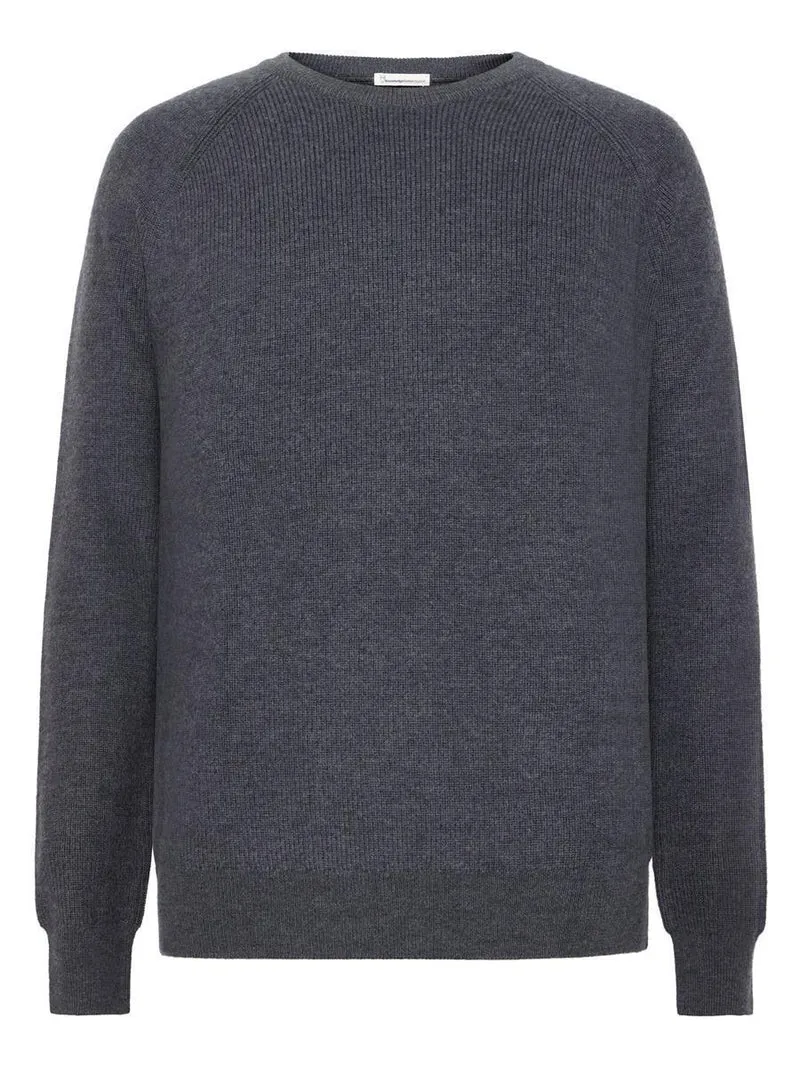 KNOWLEDGE COTTON APPAREL Merino Crew Neck Sweater dark grey melange