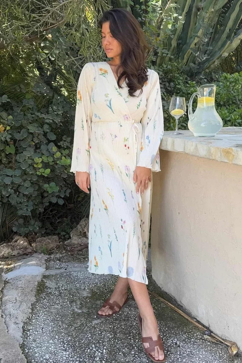 BYIC - Ofeliaic Long Wrap Dress - owfp Off White Flower Print