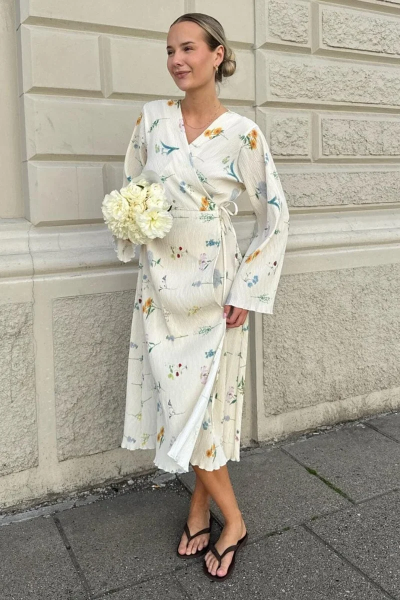 BYIC - Ofeliaic Long Wrap Dress - owfp Off White Flower Print