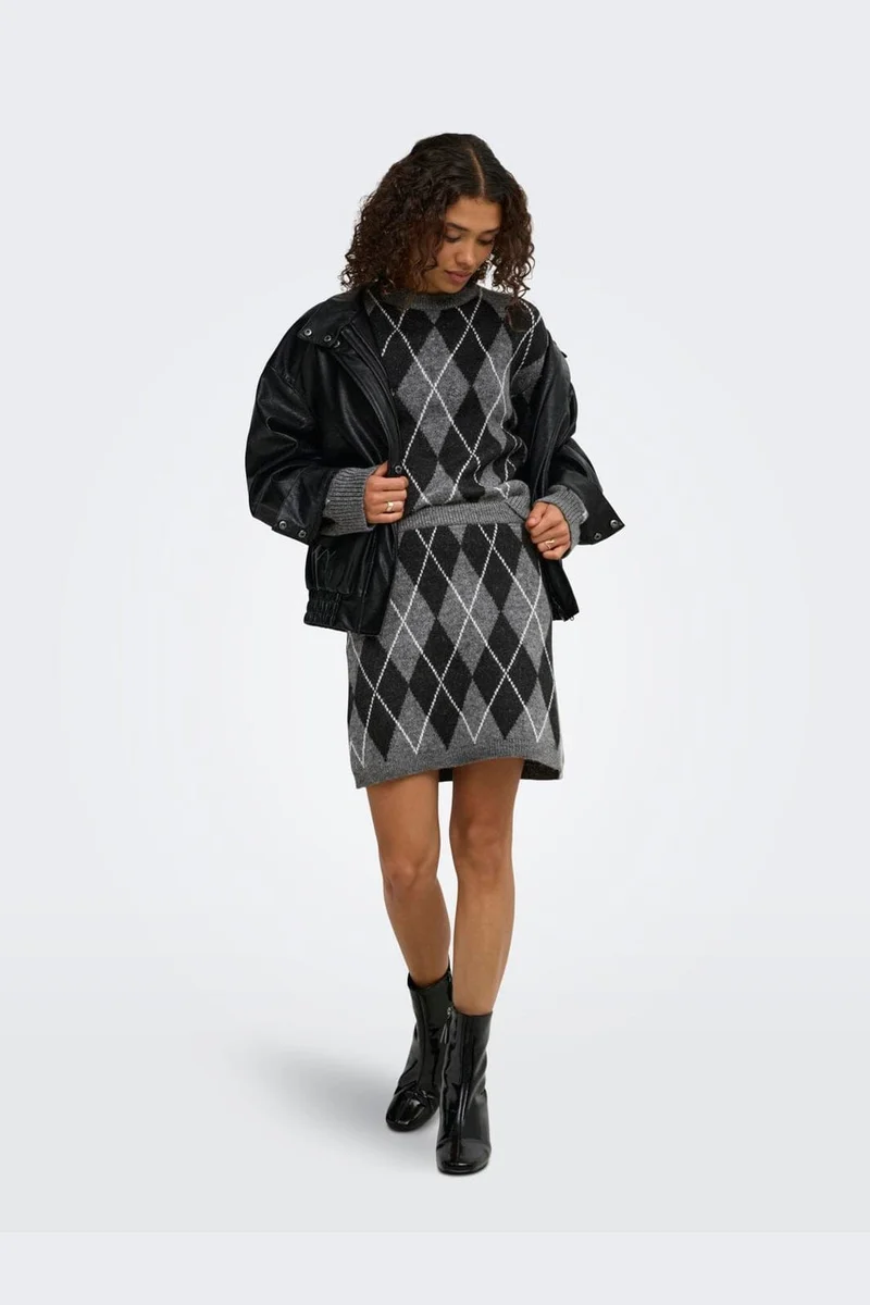 Jdy - Jdybianka Skirt Knt - 5147544 Dark Grey Melange Argyle